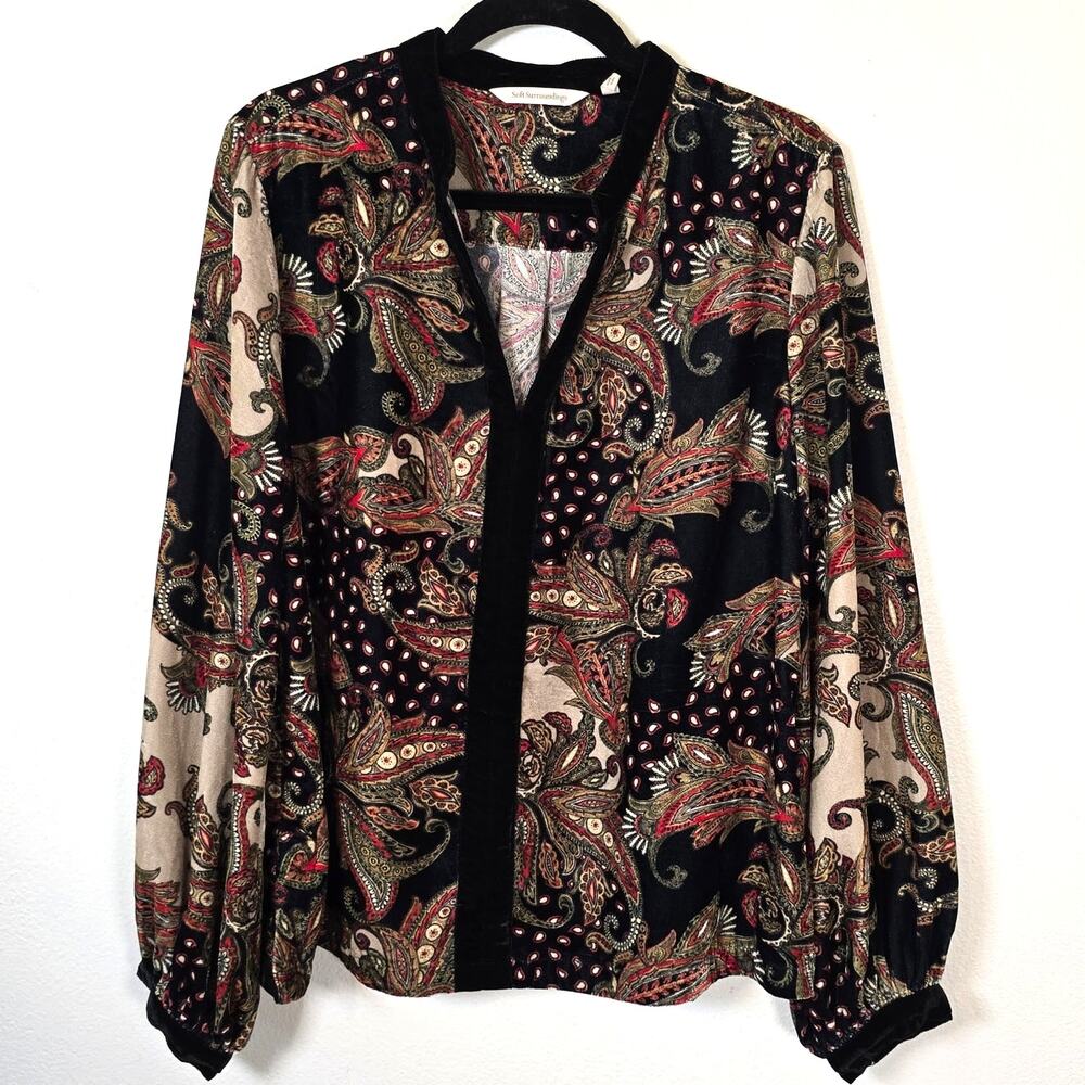 Soft Surroundings Velvet Blouse Women's L Black Multi Paisley V Neck Heritage